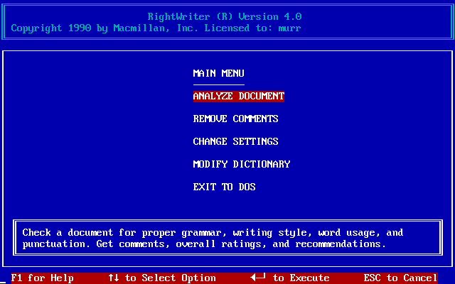 RightWriter 4.0 - Menu